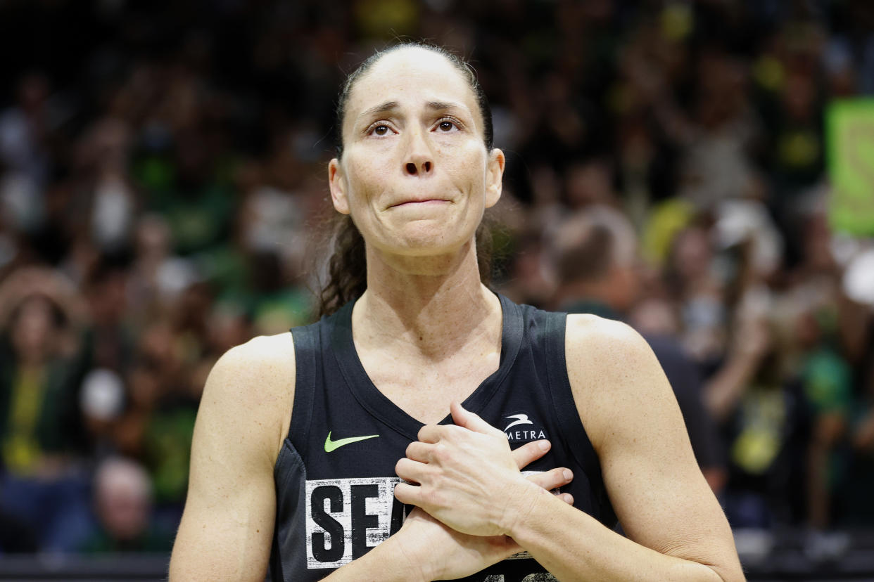 Seattle Storm guard Sue Bird reacts to the crowd after the final game of her WNBA career. (Photo by Steph Chambers/Getty Images)