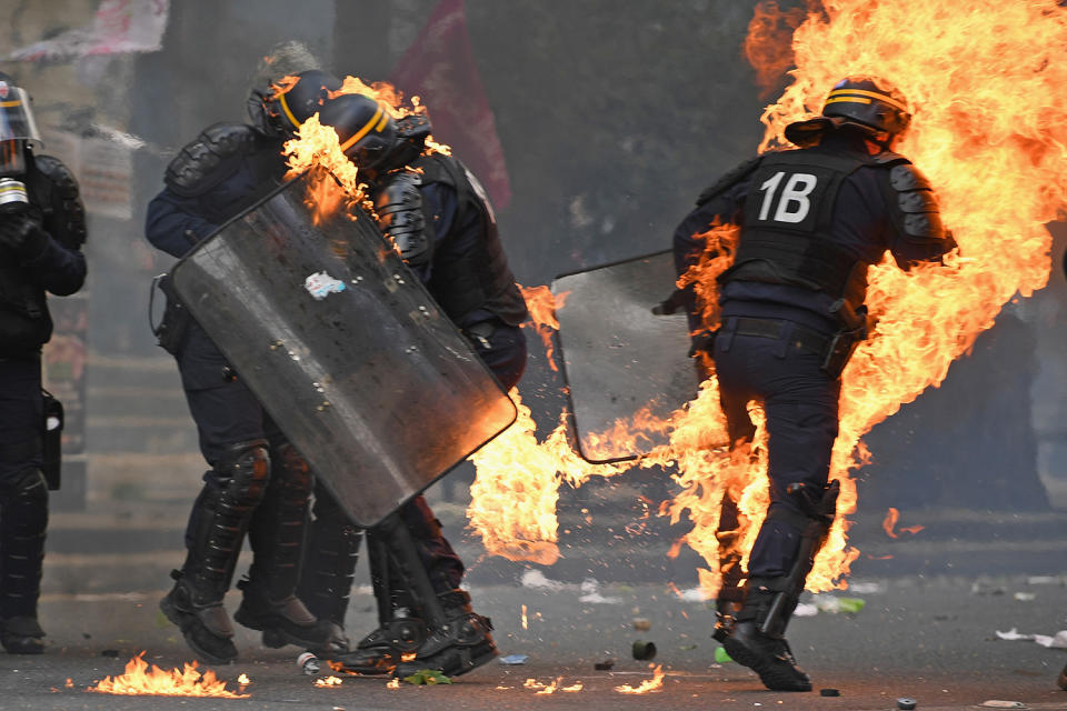 Riot police on fire