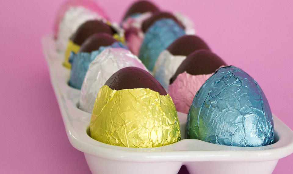 This image taken on March 9, 2013 shows faux chocolate eggs made by painting papier-mâché forms and wrapping them in colored foil in Concord, N.H. (AP Photo/Holly Ramer)