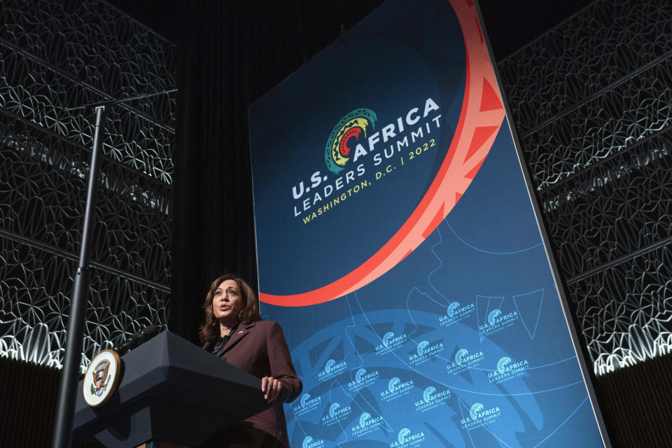 FILE - Vice President Kamala Harris speaks to the African Diaspora Young Leaders Forum, Dec. 13, 2022, at the Smithsonian National Museum of African American History and Culture, in Washington. Harris will be the latest and most high-profile administration official to visit Africa this year as the U.S. deepens its outreach to the continent. (AP Photo/Jacquelyn Martin, File)