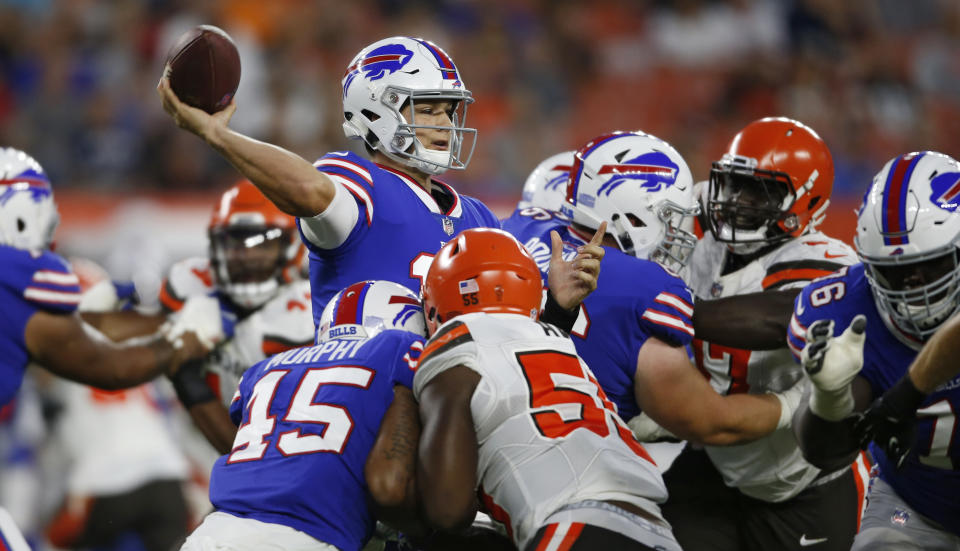 Buffalo Bills quarterback Josh Allen throws a pass during the first half of the team' NFL football preseason game against the Cleveland Browns, Friday, Aug. 17, 2018, in Cleveland. (AP Photo/Ron Schwane)