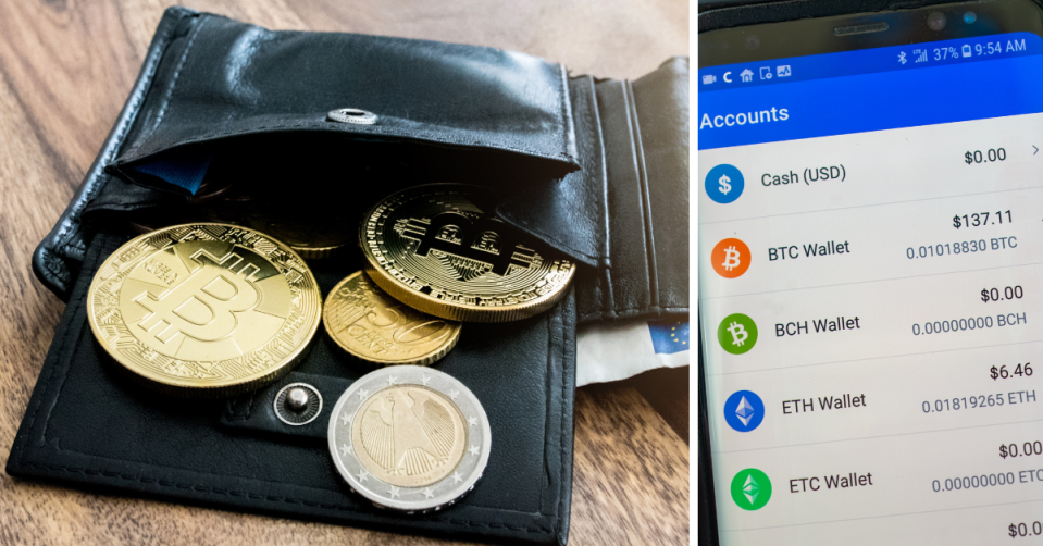 A traditional wallet with Bitcoin falling out of it and a phone screen showing a digital wallet.