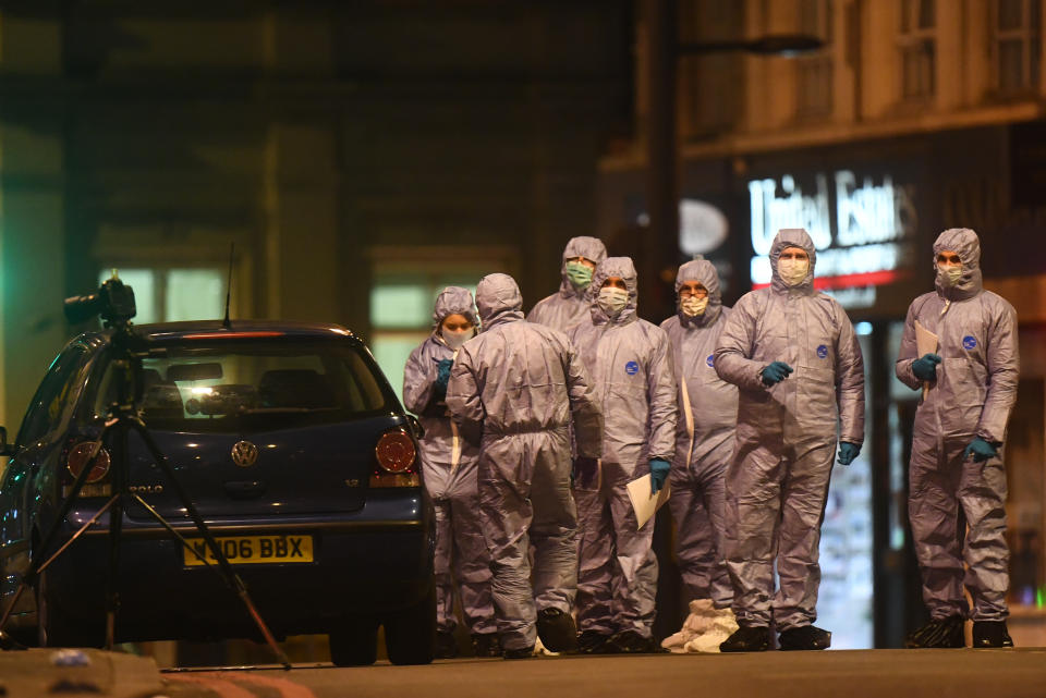 A police forensics officers works at the scene in Streatham High Road, south London after a man was shot dead by armed officers, with police declaring the incident as terrorist-related. (Photo by Victoria Jones/PA Images via Getty Images)