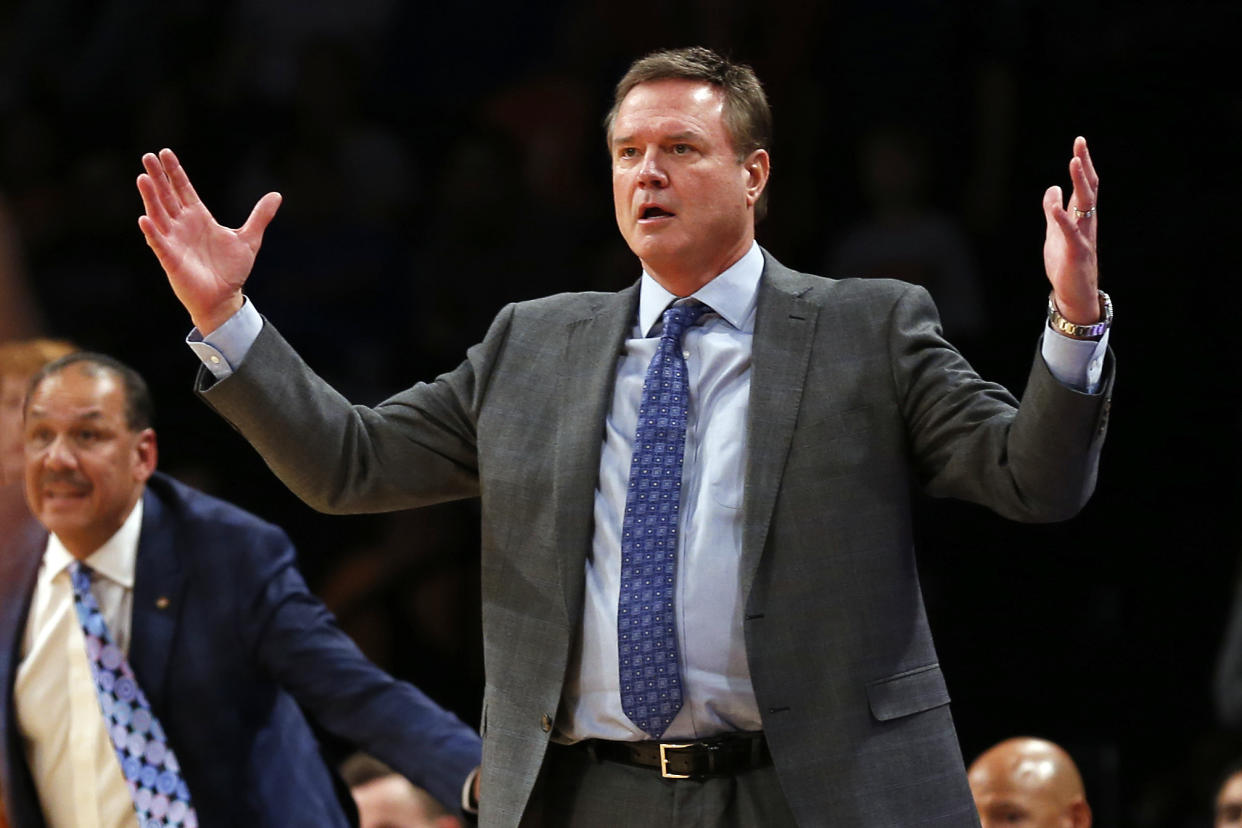 FILE - In this Nov. 23, 2018, file photo, Kansas head coach Bill Self reacts against Tennessee during the second half of an NCAA college basketball game in the NIT Season Tip-Off tournament in New York. There has been more attention on Kansas basketball over the past six months in court rooms than on basketball courts, and Self and the rest of the No. 3 Jayhawks are ready for that to change. (AP Photo/Adam Hunger, File)