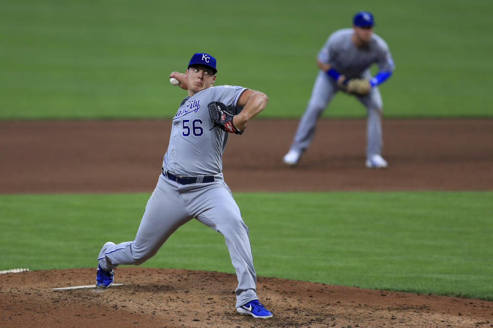 Kansas City Royals' Brad Keller (56) throws in the fifth inning during a baseball game against the Cincinnati Reds in Cincinnati, Wednesday, Aug. 12, 2020. (AP Photo/Aaron Doster)