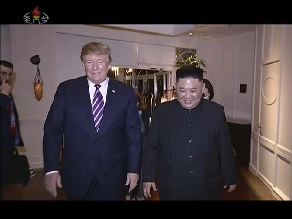 North Korean leader Kim Jong Un, right, smiles while walking with US President Donald Trump during a recent meeting in Hanoi, Vietnam. Source: AP