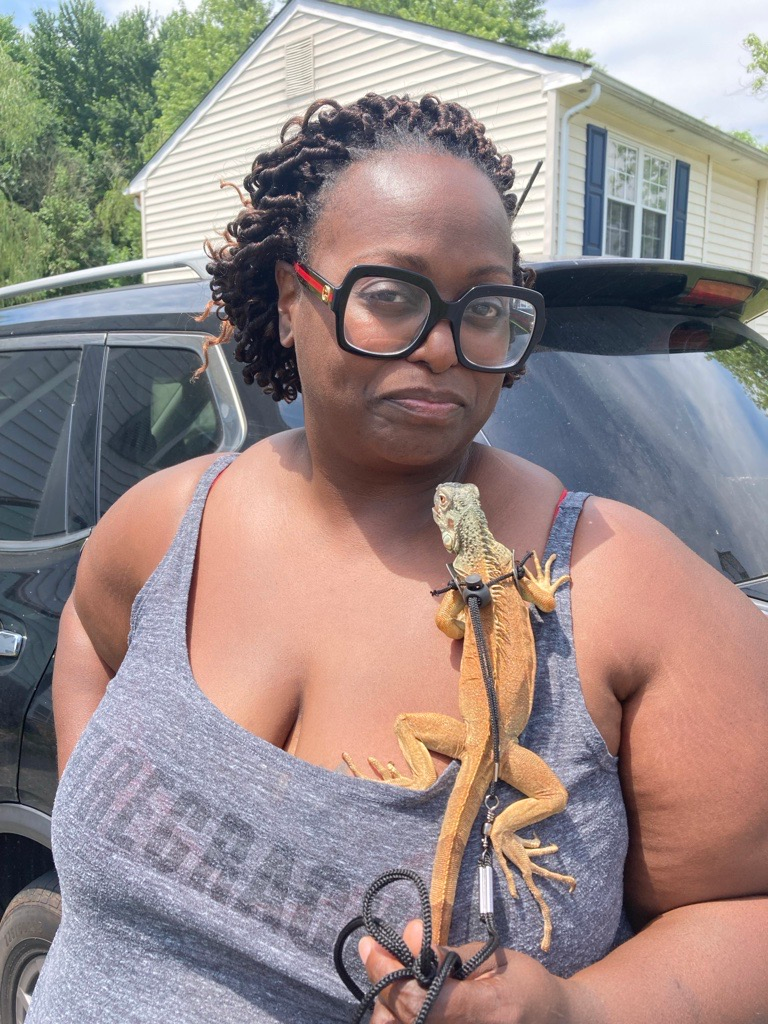 A day after reported bear sightings on Julie Lane in Newark, Lynia Dixon lets her iguana bask on her chest.  Several neighbors in the Barksdale Estates neighborhood reported seeing a bear in their backyard.  June 23, 2024.