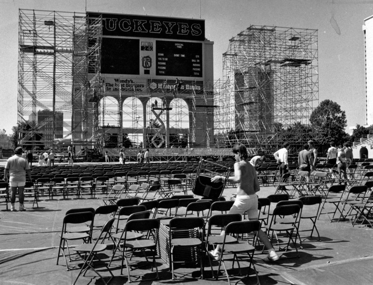 Pink Floyd performed at Ohio Stadium on May 28, 1988. It took stagehands six days to set up the stage and the sound/special effects equipment.