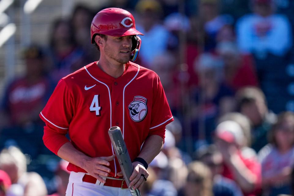 Cincinnati Reds right fielder Wil Myers doesn't wear batting gloves, so he swipes dirt off the ground before every pitch.