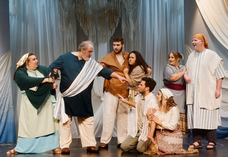 Family conflict on the Ark: Mama Noah (Janaya Daniele), Noah (David A. Cary), Shem (Nathan Kingston), Aysha (Hopi Myers-Arrigoni), Japheth (Xander Boots), Yonah (Melissa Patterson), Aphra (Sarah Martz) and Ham (Joseph Bellinger) in Red Barn Players production of "Children of Eden."