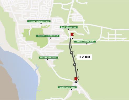 The new two-kilometre section of road will extend the boulevard to the intersection of Amirault Street and Dover Road.