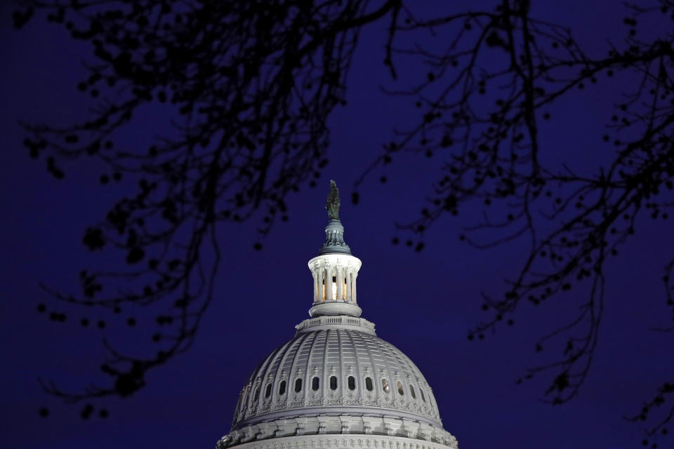 The U.S. Capitol dome is seen in Washington, Monday, Jan. 27, 2020, during the impeachment trial of President Donald Trump on charges of abuse of power and obstruction of Congress. (AP Photo/Patrick Semansky)