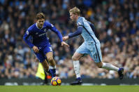 Britain Football Soccer - Manchester City v Chelsea - Premier League - Etihad Stadium - 3/12/16 Chelsea's Marcos Alonso in action with Manchester City's Kevin De Bruyne Action Images via Reuters / Jason Cairnduff Livepic EDITORIAL USE ONLY. No use with unauthorized audio, video, data, fixture lists, club/league logos or "live" services. Online in-match use limited to 45 images, no video emulation. No use in betting, games or single club/league/player publications. Please contact your account representative for further details.