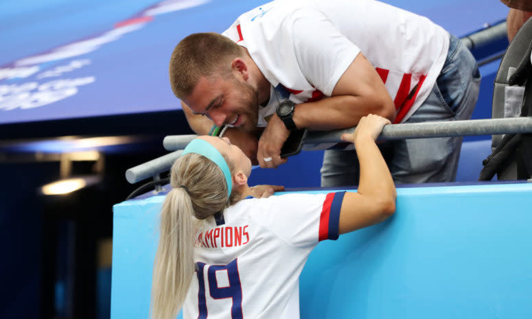 Julie and Zach Ertz celebrate after World Cup.