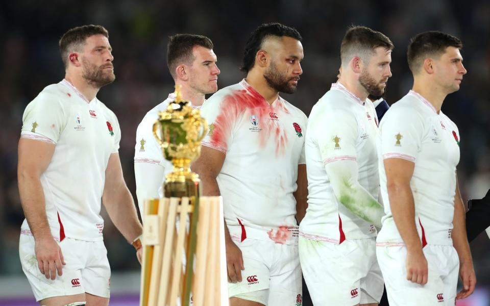 Mark Wilson, Ben Spencer, Billy Vunipola, Elliot Daly and Ben Youngs of England look dejected in defeat after the Rugby World Cup 2019 Final between England and South Africa at International Stadium Yokohama on November 02, 2019 in Yokohama, Kanagawa, Japan. - Shaun Botterill/Getty Images