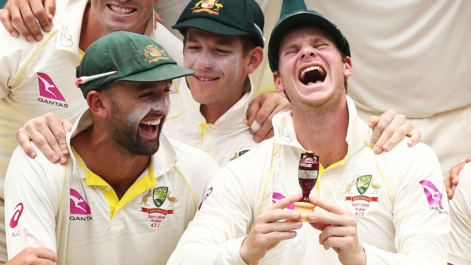 The original Ashes urn – not just the replica pictured here with Steve Smith – will be on show in Melbourne next summer. Pic: Getty