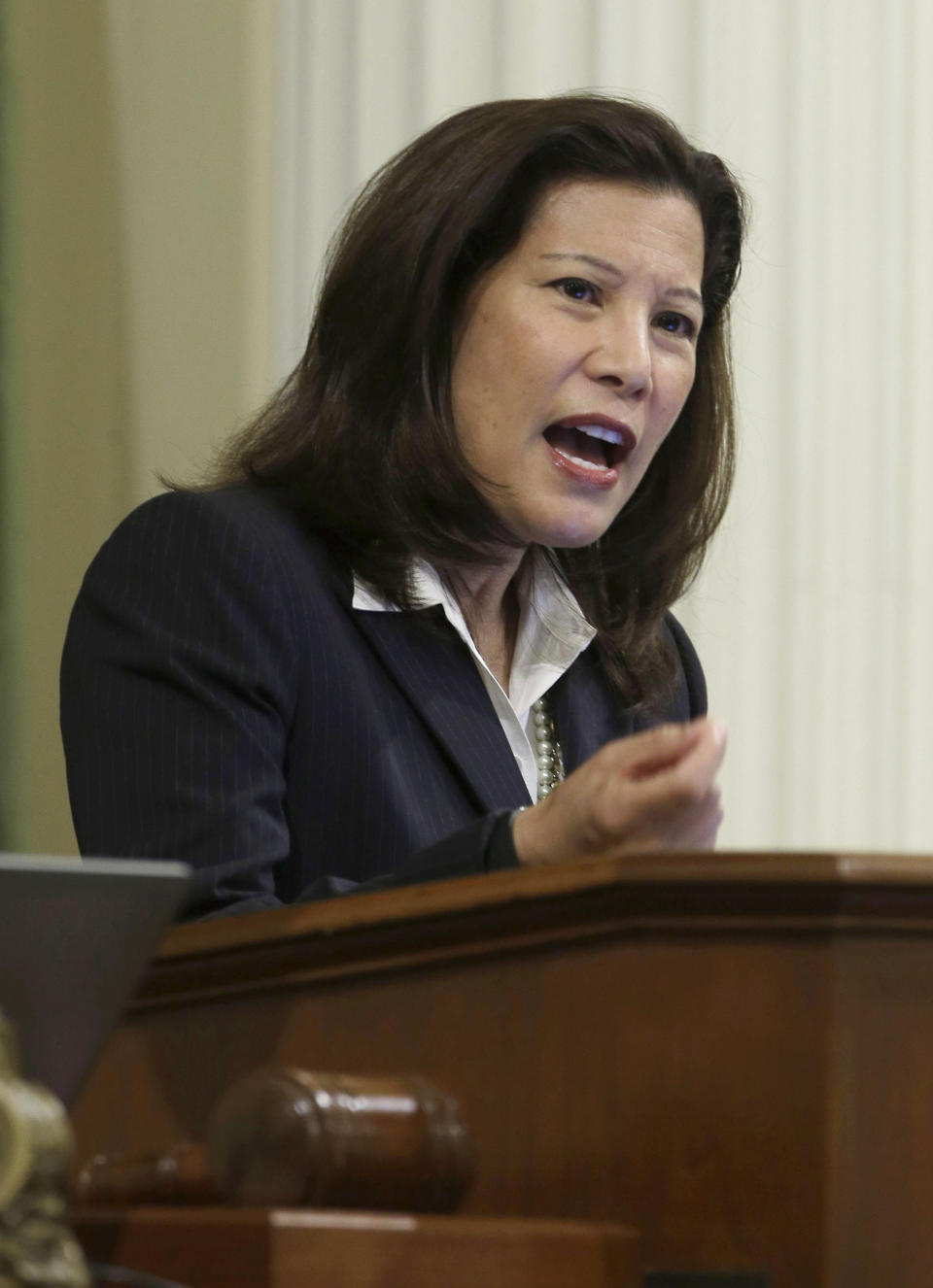 File - In this March 23, 2015 file photo, California Supreme Court Chief Justice Tani Cantil-Sakauye delivers her annual State of the Judiciary address before a joint session of the Legislature at the Capitol in Sacramento, Calif. The chief justice of the California Supreme Court says concerns about increasing polarization in the country prompted her to give up her Republican Party affiliation. Cantil-Sakauye said in a telephone interview on Friday, Dec. 14, 2018, that she switched her voter registration to no party preference after the confirmation hearings for U.S. Supreme Court Justice Brett Kavanaugh. But she said she had been considering the move for several years. (AP Photo/Rich Pedroncelli, File)