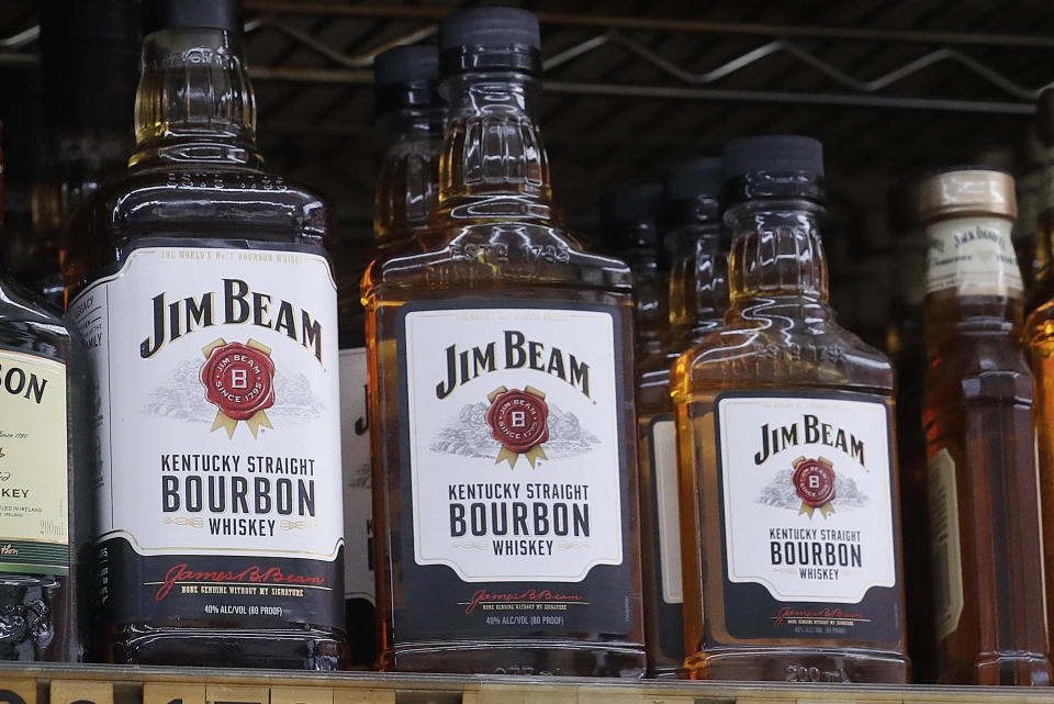 FILE - In this July 9, 2018 file photo, bottles, Jim Beam are displayed at Rossi's Deli in San Francisco. The European Union and the United States have decided to temporarily suspend measures at the heart of a steel tariff dispute that is seen as one of the major trade issues dividing the two sides. When Trump imposed the tariffs, Europe retaliated by raising tariffs on U.S.-made motorcycles, bourbon, peanut butter and jeans, among other items. (AP Photo/Jeff Chiu, File)