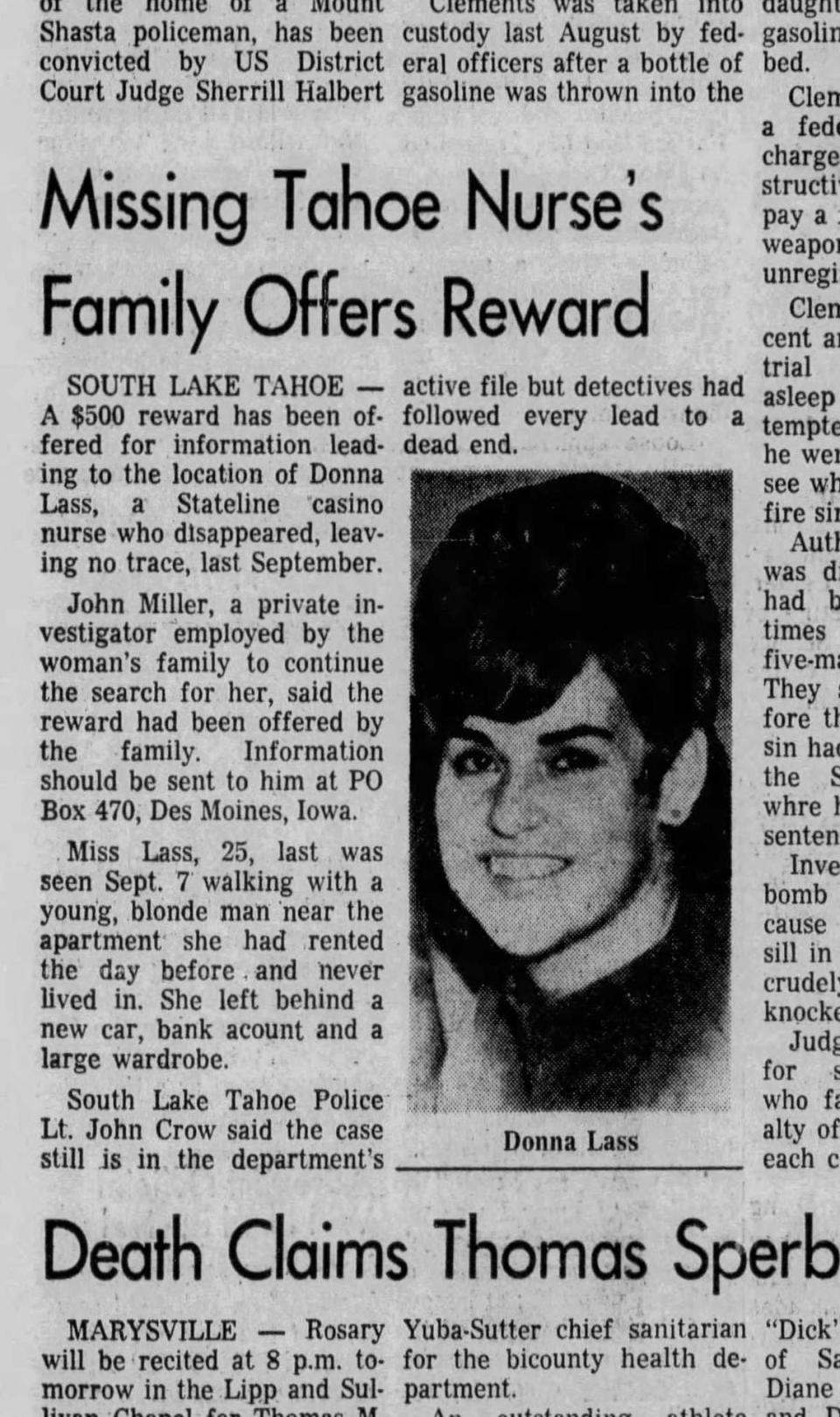 An article published in the Saturday, Feb. 6, 1971, edition of The Sacramento Bee on the disappearance of Donna Lass. On Wednesday, Dec. 27, 2023, officials in Placer County announced the identification of Lass as the skull found in 1986 along Highway 20 near Yuba Pass and Emigrant Gap.