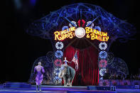 <p>An elephant stands during the National Anthem during a performance of the Ringling Bros. and Barnum & Bailey Circus, March 19, 2015 in Washington. (AP Photo/Alex Brandon) </p>