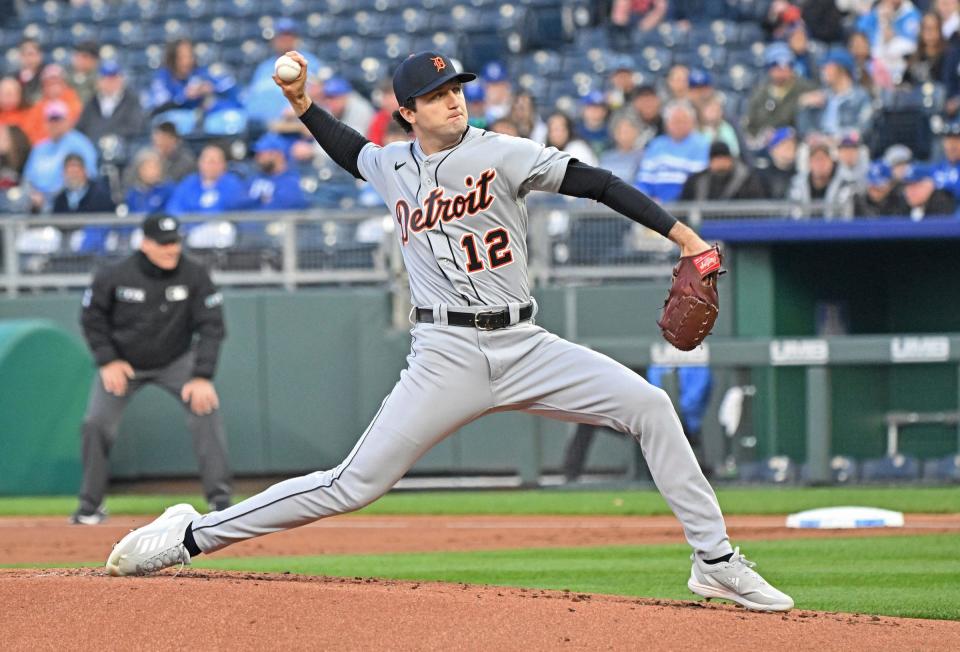 Detroit Tigers starting pitcher Casey Mize (12) delivers a pitch during the first inning against the Kansas City Royals on Thursday, April 14, 2022, at Kauffman Stadium in Kansas City, Mo.