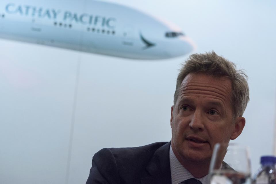 Cathay Pacific's Chief Executive Officer Rupert Hogg speaks during a press conference on the company's half-year results in Hong Kong on August 16, 2017. Hong Kong flag carrier Cathay Pacific on August 16 reported a massive net loss of HK$2.05 billion ($262.07 million) for the first half of the year as the airline struggled with intense competition from rivals. / AFP PHOTO / Anthony WALLACE        (Photo credit should read ANTHONY WALLACE/AFP/Getty Images)