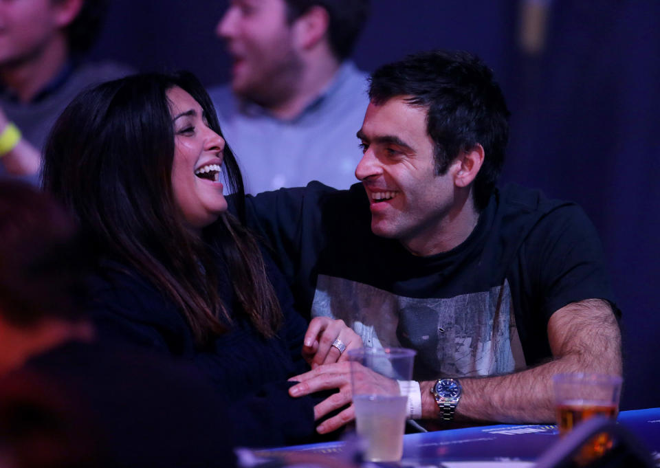 Darts - William Hill World Darts Championship - Alexandra Palace, London - 30/12/14 
Snooker player Ronnie O'Sullivan and his girlfriend Laila Rouass watches during the third round   
Mandatory Credit: Action Images / Steven Paston 
Livepic 
EDITORIAL USE ONLY.