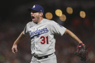 Los Angeles Dodgers pitcher Max Scherzer celebrates after the Dodgers defeated the San Francisco Giants in Game 5 of a baseball National League Division Series Thursday, Oct. 14, 2021, in San Francisco. (AP Photo/Jed Jacobsohn)