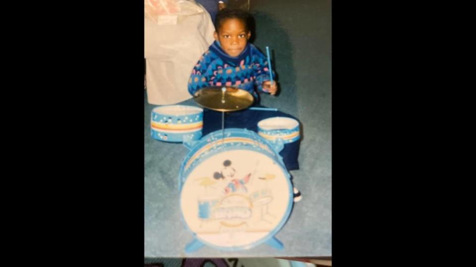 Josh Jones is pictured in Chicago, Illinois, playing a drum set provided by his parents when he was 3 years old.