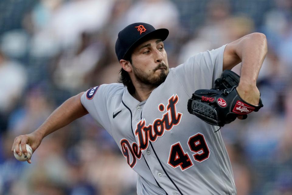 Tigers pitcher Alex Faedo throws during the first inning of the second game of a doubleheader on Monday, July 11, 2022, in Kansas City, Missouri.