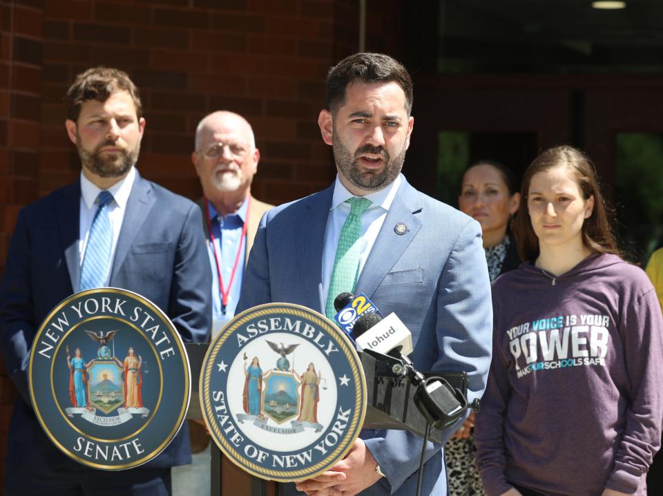 Assemblyman Michael Lawler offers remarks about Alyssa's Law at Nyack High School, on Wednesday, June 8, 2022.  Alyssa's Law mandates panic alarms that send alerts directly to local law enforcement be installed in all schools in New York State.