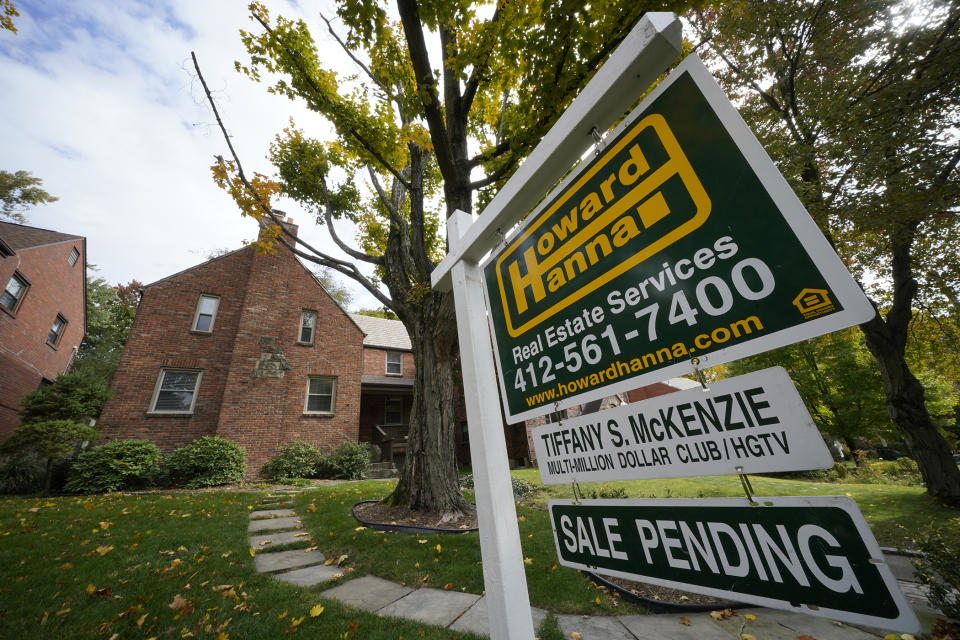 FILE - This is a home in Mount Lebanon, Pa., under contract, Monday, Oct. 17, 2022. The Federal Reserve may reach a turning point this week as it announces what's expected to be another substantial three-quarter-point hike in its key interest rate. The Fed's hikes have already led to much costlier borrowing rates, ranging from mortgages to auto and business loans. (AP Photo/Gene J. Puskar, File)