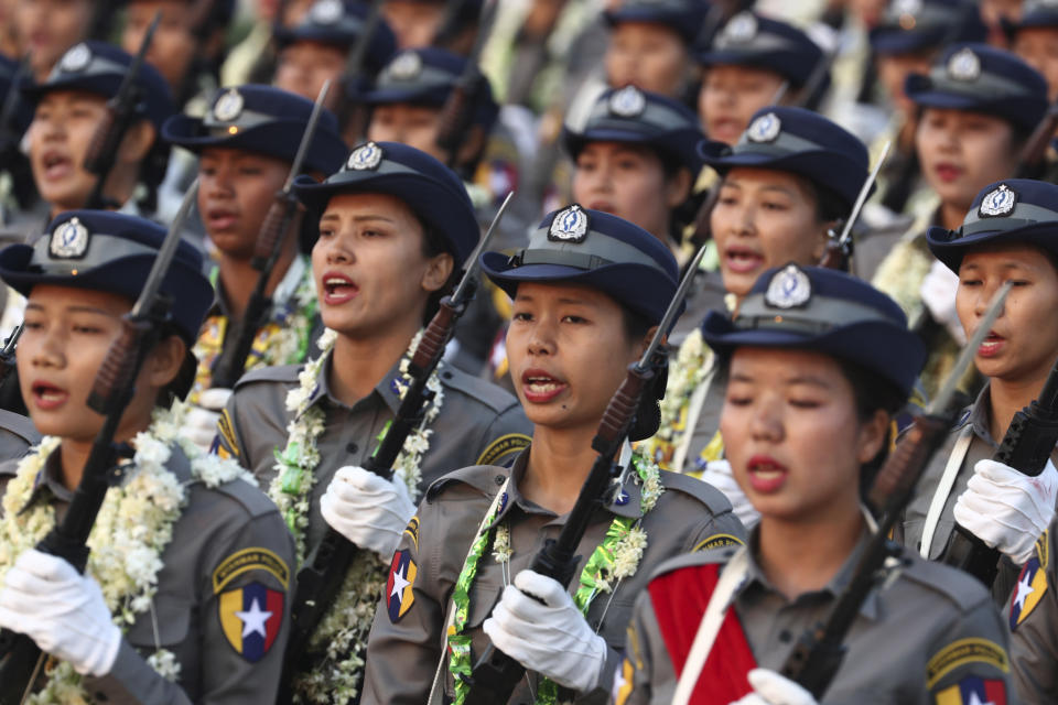 Police officers march during a parade to commemorate Myanmar's 78th Armed Forces Day in Naypyitaw, Myanmar, Monday, March 27, 2023. (AP Photo/Aung Shine Oo)