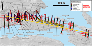 Plan map of drill holes along mineralized trend of Golden Corridor.