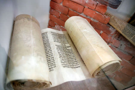 A Jewish holy scroll is seen on display at the Babylonian Jewry Heritage Center in Or Yehuda, Israel, April 16, 2018. REUTERS/Amir Cohen