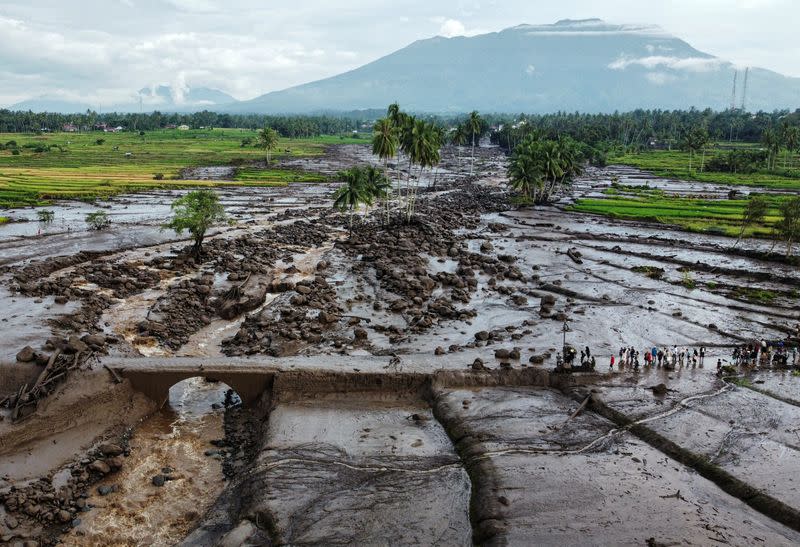 A drone view shows an area affected by heavy rain brought flash floods and landslides in Tanah Datar