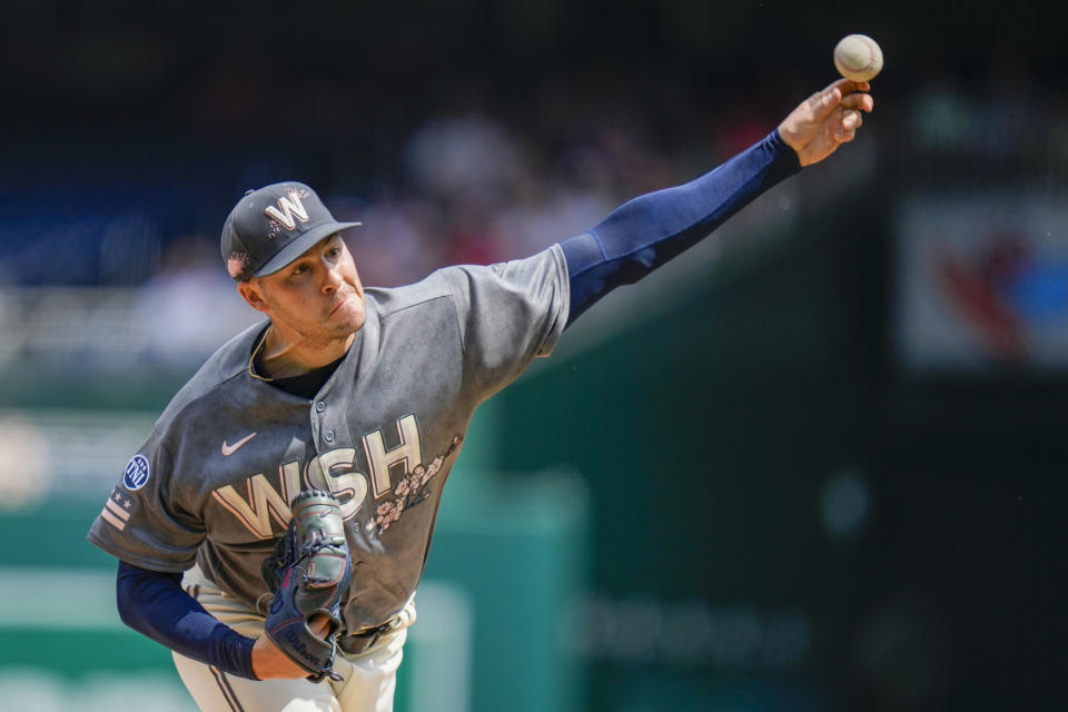 Washington Nationals starting pitcher Patrick Corbin throws during the first inning of a baseball game against the Tampa Bay Rays at Nationals Park, Wednesday, April 5, 2023, in Washington. (AP Photo/Alex Brandon)