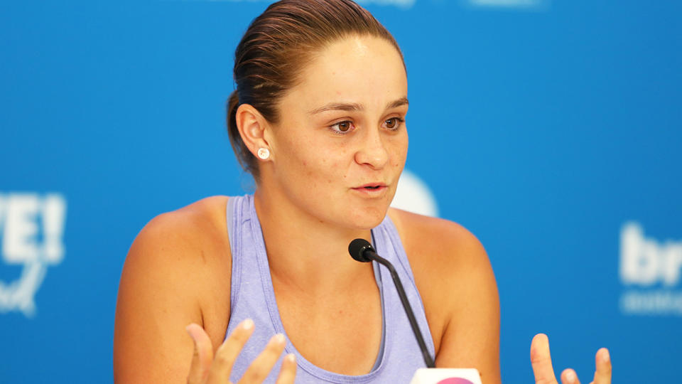 Ash Barty, pictured at a press conference for the Brisbane International, will donate her winnings to bushfire relief efforts.