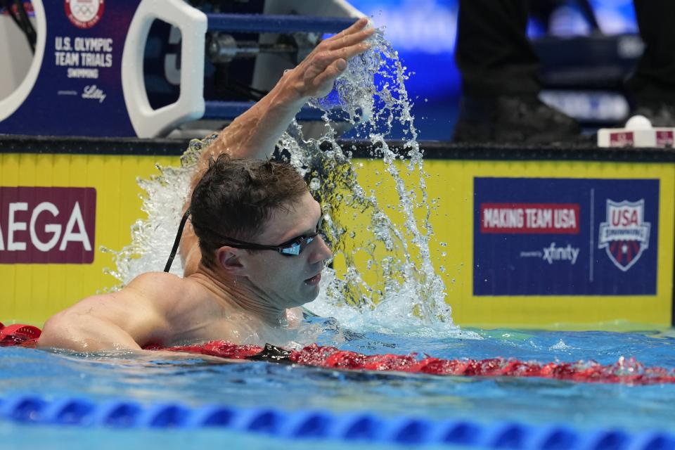 Ryan Murphy celebrates after winningthe Men's 200 backstroke finals Thursday, June 20, 2024, at the US Swimming Olympic Trials in Indianapolis. (AP Photo/Darron Cummings)