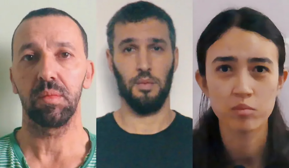 Left to right: Yossi Sharabi, Itai Svirski and Noa Argamani in the video released by Hamas