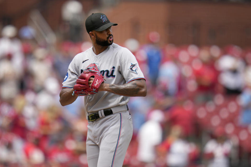 Miami Marlins starting pitcher Sandy Alcantara stands on the mound after giving up a three-run home run to St. Louis Cardinals' Nolan Gorman during the first inning of a baseball game Wednesday, July 19, 2023, in St. Louis. (AP Photo/Jeff Roberson)