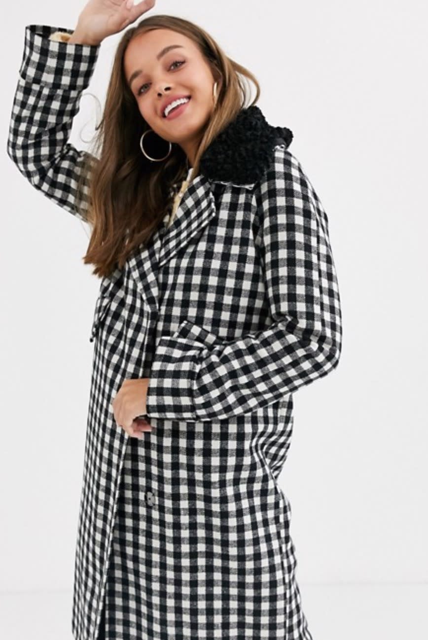 ASOS DESIGN check coat with fleece collar detail (photo via ASOS)