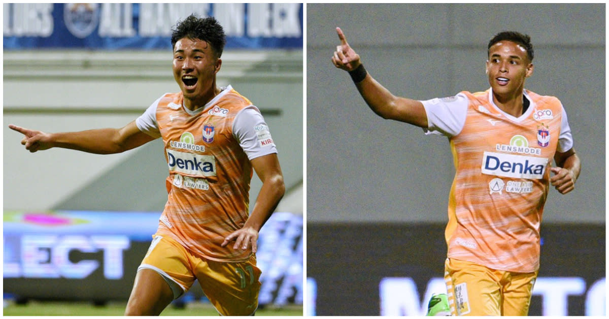 Jubilant faces as Kodai Tanaka (left) and Ilhan Fandi gave Albirex Niigata (Singapore) a 4-2 win over Lion City Sailors and sealed their fifth SPL title.
