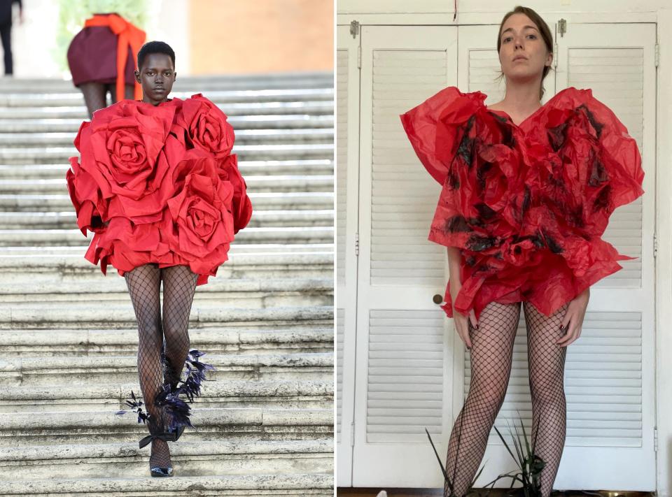 A model at the Valentino haute couture fall/winter 22/23 show and Angelica Hicks' version of the same look.