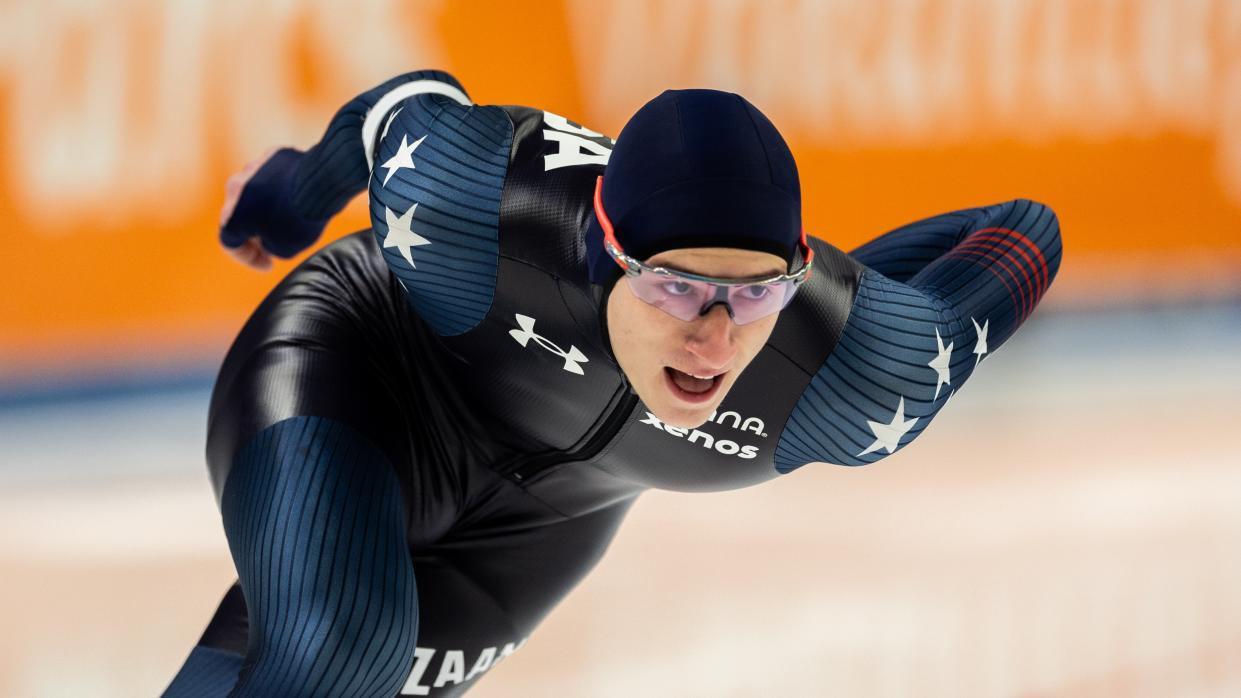  Jordan Stolz of the United States competes on the ice ahead of the World Allround Speed Skating Championships live stream 2024. 