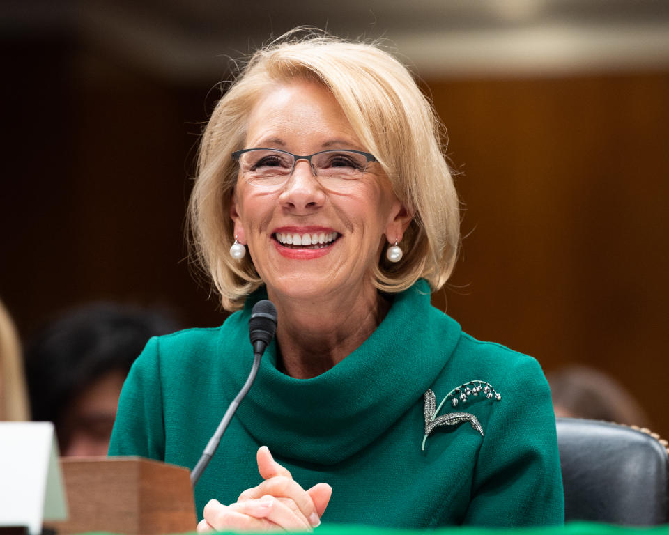 WASHINGTON, UNITED STATES - MARCH 05, 2020: Betsy DeVos, Secretary of Education, speaks at a hearing of the Senate Appropriations Subcommittee on Labor, Health and Human Services, Education, and Related Agencies in Washington.- PHOTOGRAPH BY Michael Brochstein / Echoes Wire/ Barcroft Studios / Future Publishing (Photo credit should read Michael Brochstein / Echoes Wire/Barcroft Media via Getty Images)