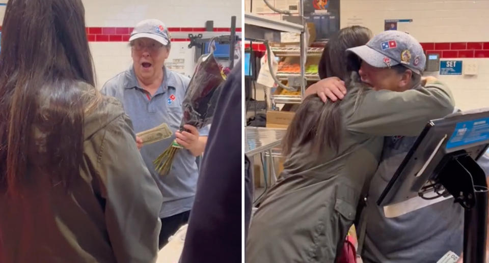 The elderly Domino's worker hugs Lacey after she shared the news.