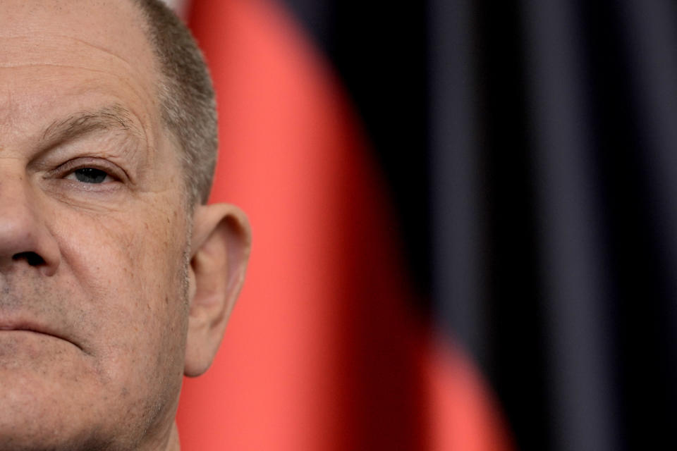 German Chancellor Olaf Scholz attends a press conference with Rishi Sunak in Berlin, Germany, Wednesday, April 24, 2024. (AP Photo/Markus Schreiber)