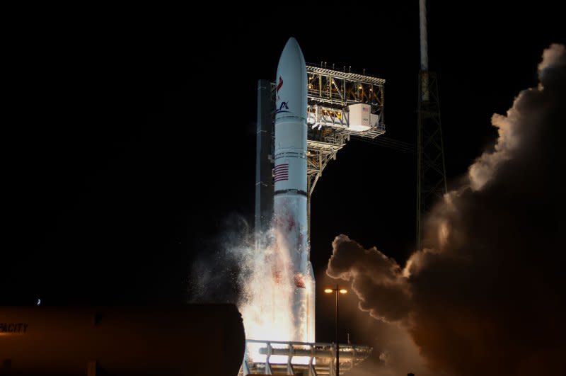 A United Launch Alliance Vulcan rocket launches at 2:18 a.m. EST Monday on its maiden flight from Complex 41 at the Space Force Station in Cape Canaveral, Fla.  Photo by Joe Marino/UPI