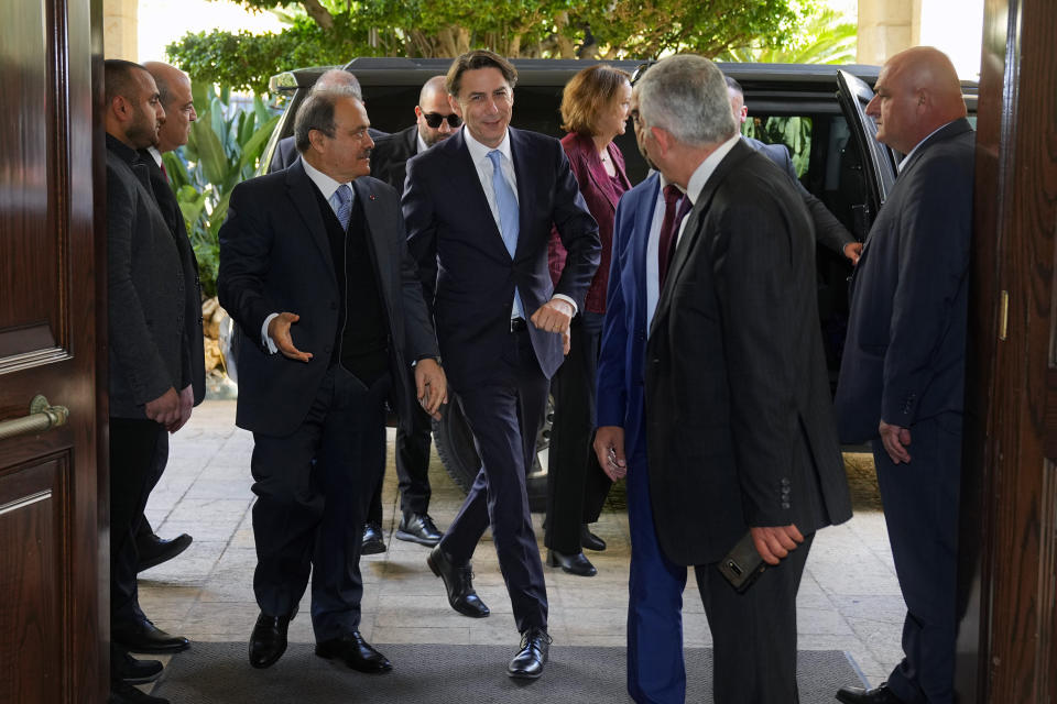 Senior Advisor to U.S. President Biden, Amos Hochstein, center, arrives to meet with Parliament Speaker Nabih Berri in Beirut, Lebanon, Monday, March 4, 2024. Hochstein, a senior adviser to U.S. President Joe Biden, discussed with Lebanese officials Monday a diplomatic solution for the Lebanon-Israel border saying that if a truce is reached in the Gaza Strip it will not automatically mean that there will be calm along Lebanon's southern border. (AP Photo/Bilal Hussein)